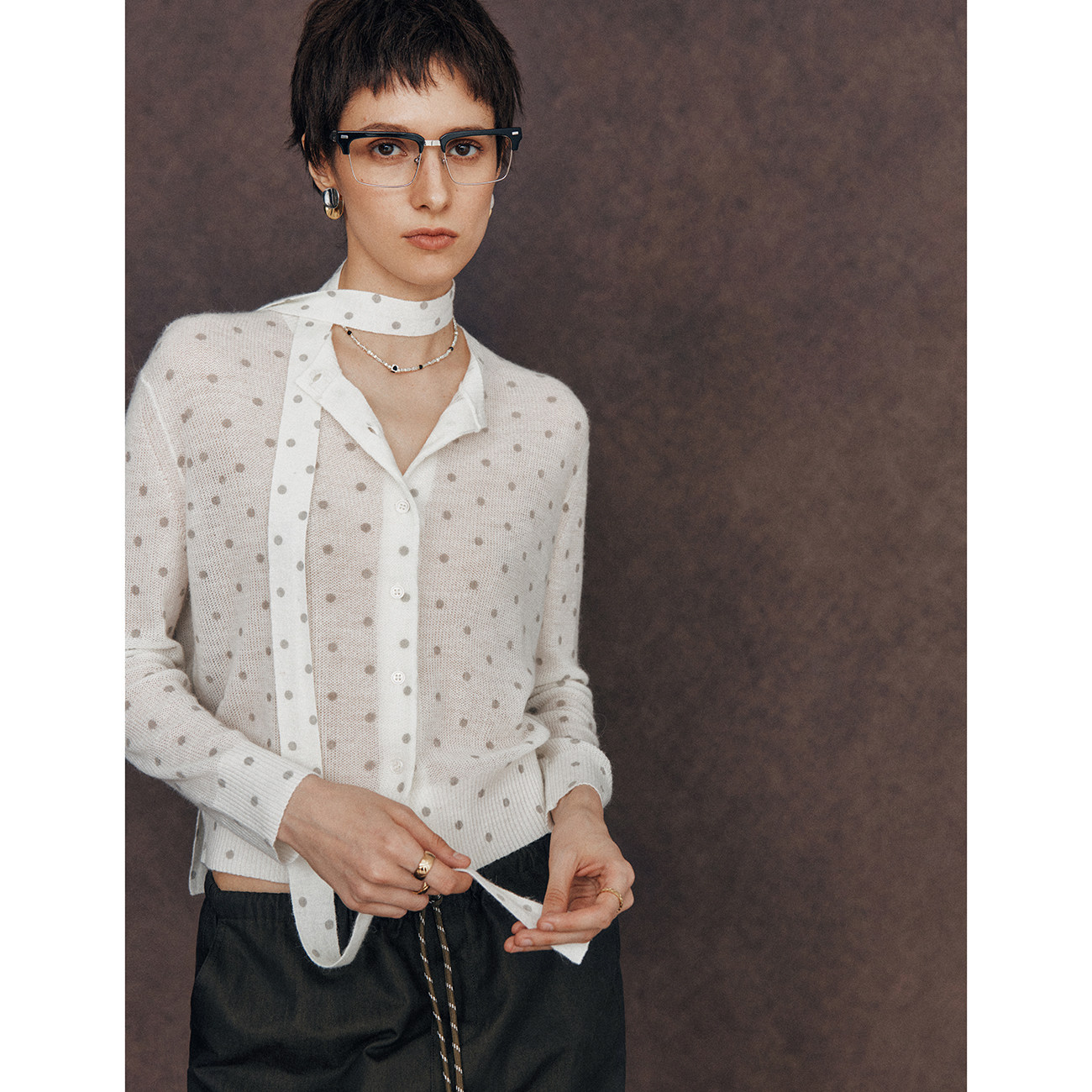 【节日氛围美】薄如轻纱 可拆卸飘带领波点印花针织开衫上衣女,女装/女士精品,毛针织衫,淘宝优惠券,粉丝福利购,淘宝优惠卷