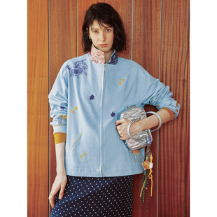 【哈沃茨小镇】重工定位刺绣 度假风鸳鸯配色腰果花牛仔夹克外套