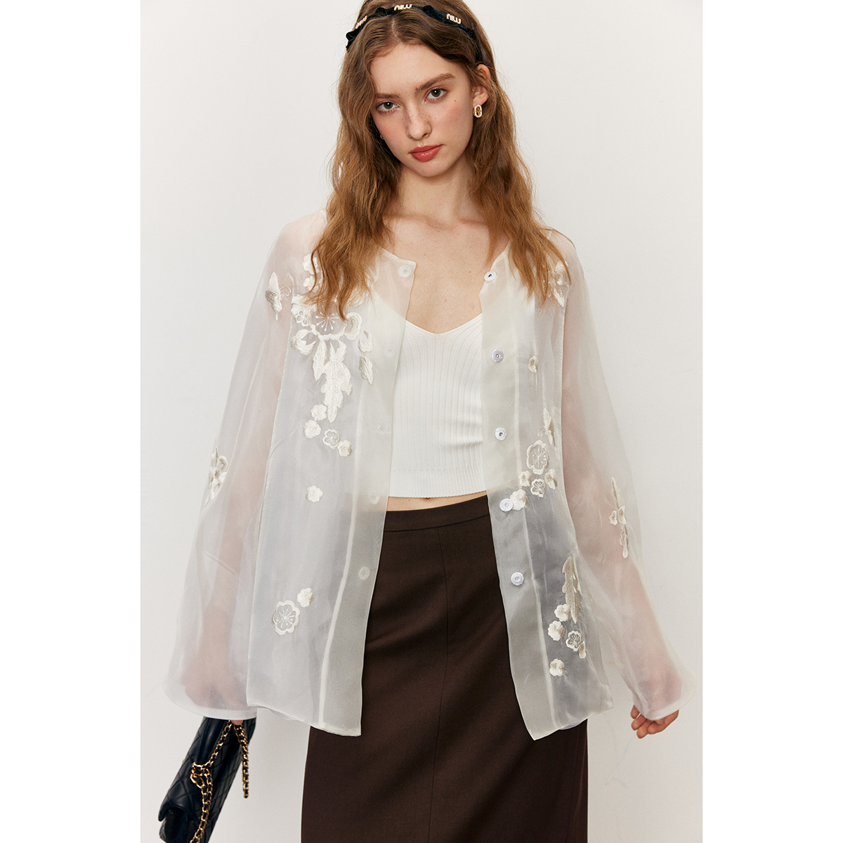 撞色新中式圆领提花衬衫