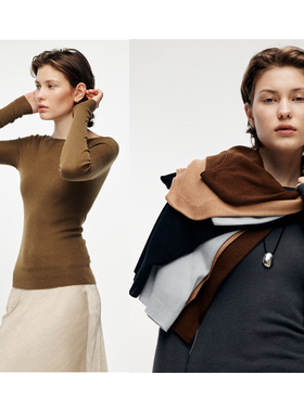 【N年怒推】一字卷边船领 山羊绒+真丝 18针3D无缝一体针织打底衫