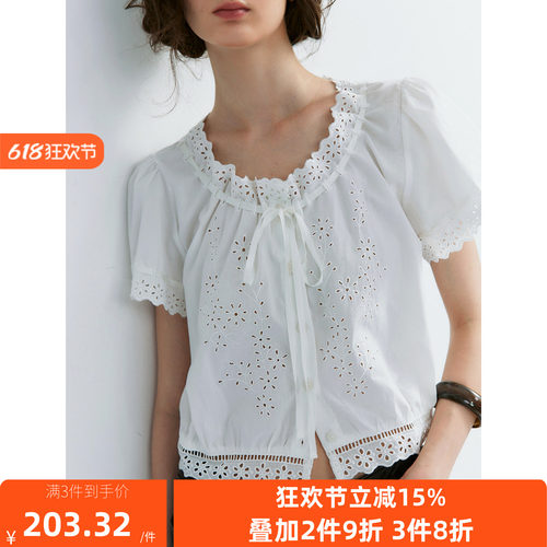 现货【法式甜点】重工定位绣花圆领短袖抽绳镂空刺绣短款衬衫上衣