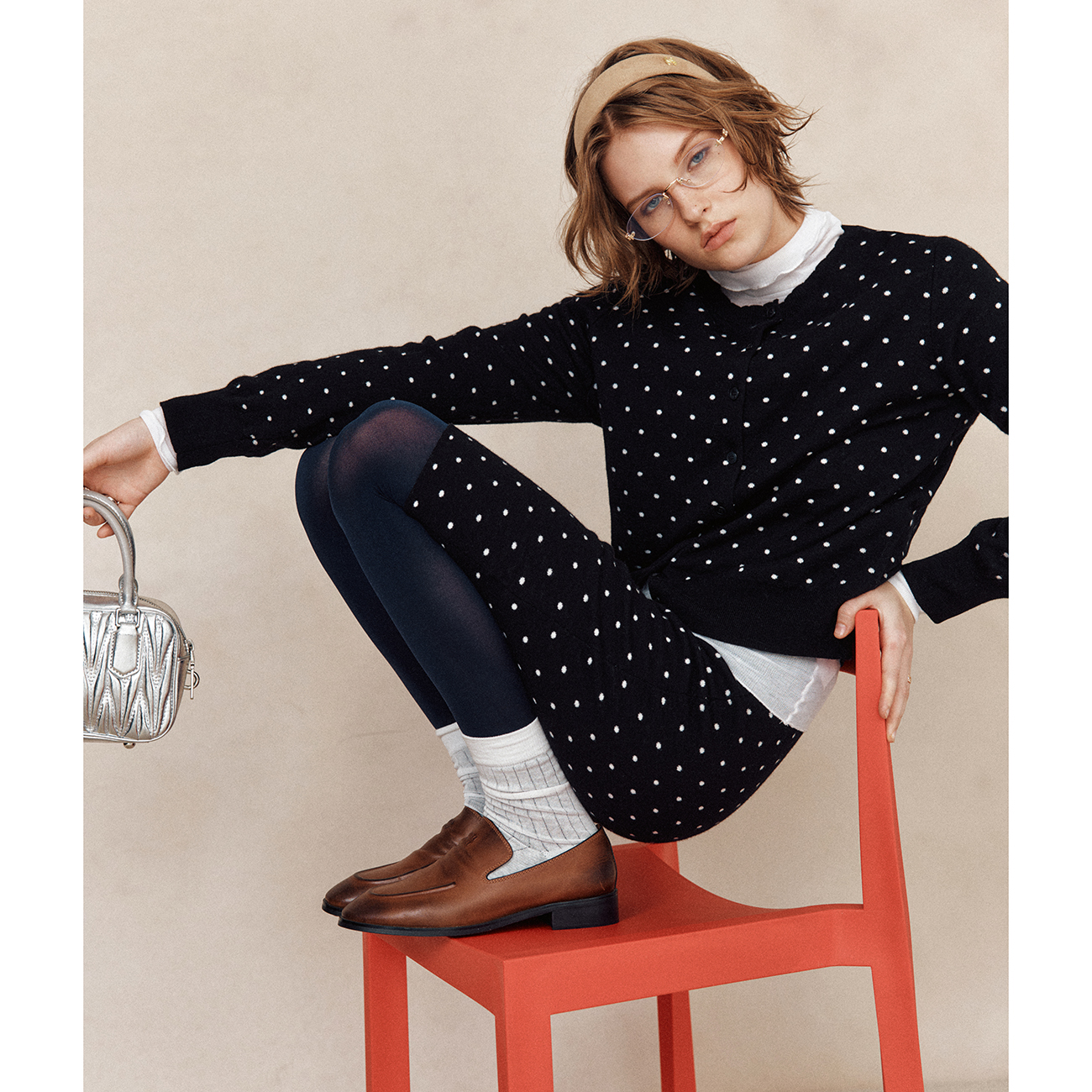 波点提花圆领针织开衫+半裙套装