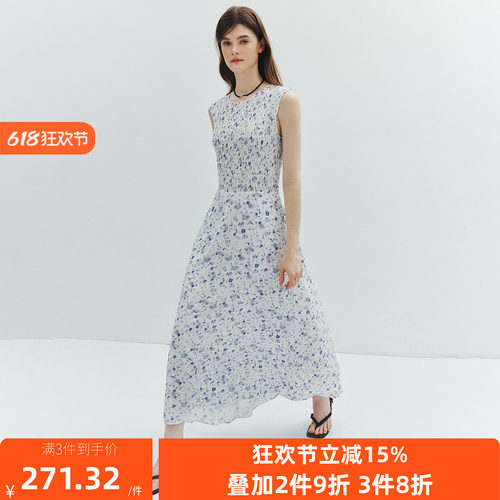 现货【风传花信】重工打揽 度假圆领无袖花卉印花收腰碎花连衣裙