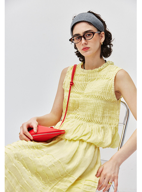 现货【重工压褶】1OO%苎麻 花边领泡泡褶背心+松紧腰压褶半裙套装