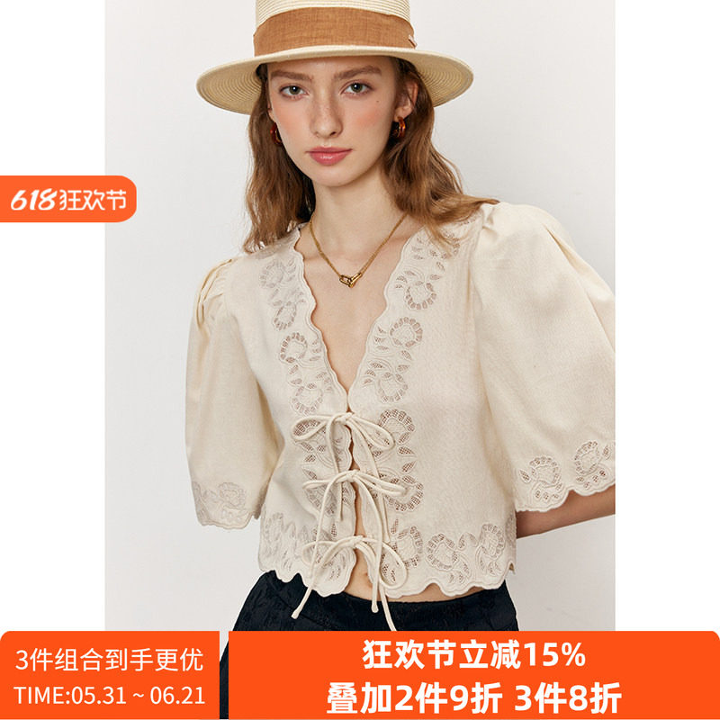 简约泡泡袖镂空V领系带衬衫