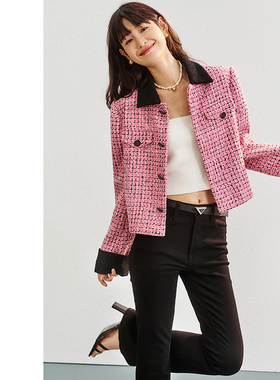 现货 PPH●重磅！花呢天花板 粉色花式纱 撞色翻领小香风外套女