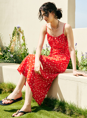 现货 美式性感 1OO%真丝双绉度假风细肩带重工打揽收腰印花连衣裙