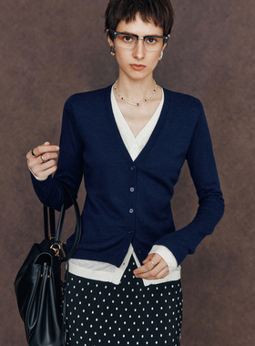 假两件设计 撞色拼接双V领修身显瘦针织开衫上衣女