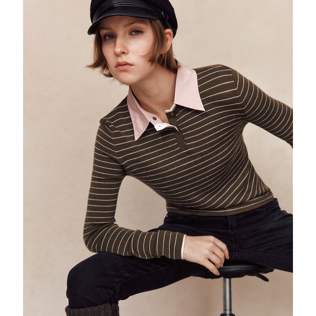 可拆卸衬衫领条纹针织衫女