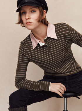 【学院风假两件】100%羊毛120S抗起球扬子纱拆卸衬衫领条纹针织衫