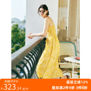 度假风一字领吊带收腰显瘦真丝印花连衣裙 重工打揽 假日晨曦