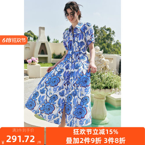 现货【舒适棉感 】弹力棉水彩画印花 衬衫领泡泡袖系带收腰连衣裙
