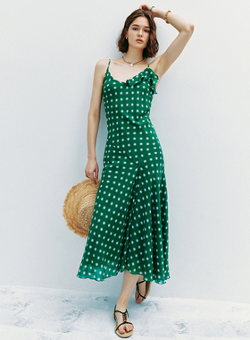 【情绪解药】1OO%桑蚕丝 不对称剪裁荷叶边V领吊带印花连衣裙