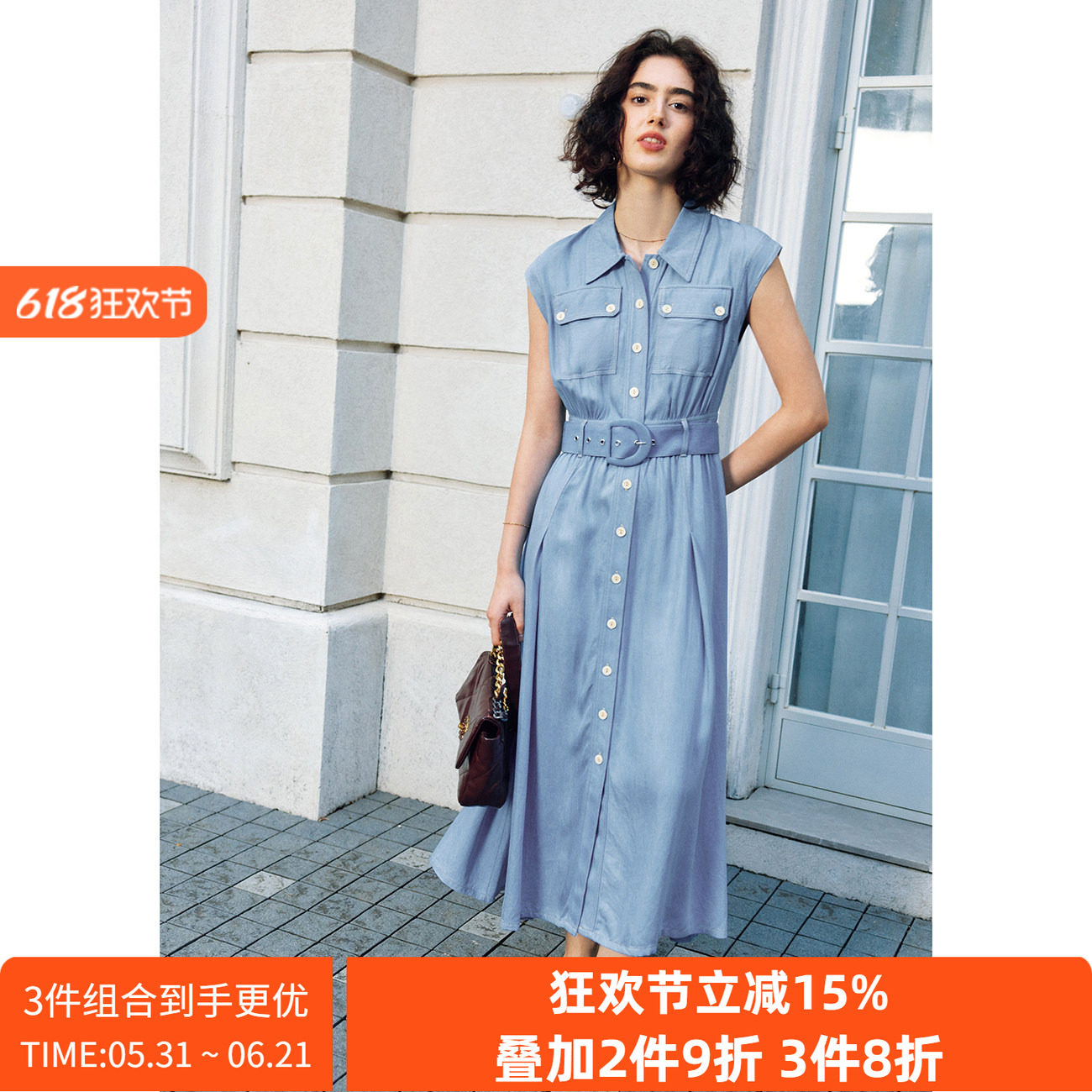【通勤+社交】丹宁牛仔蓝色POLO领收腰长款天丝牛仔衬衫连衣裙