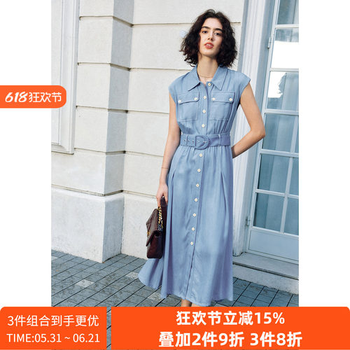 【通勤+社交】丹宁牛仔蓝色POLO领收腰长款天丝牛仔衬衫连衣裙
