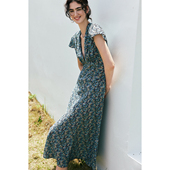 收腰系带真丝印花连衣裙 刺绣花边V领小飞袖 1OO%真丝双绉 法式