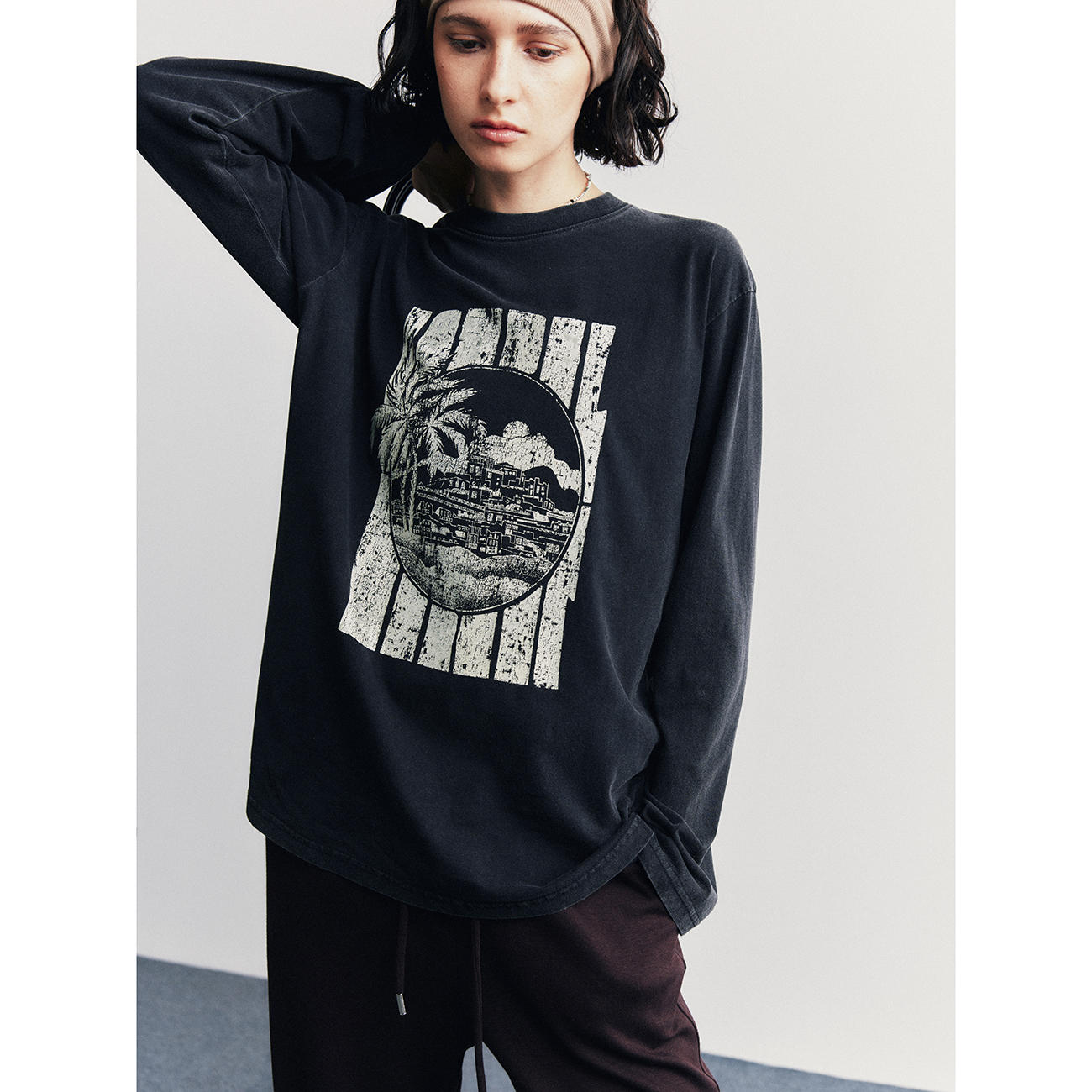 美式复古做旧榈树印花宽松T恤