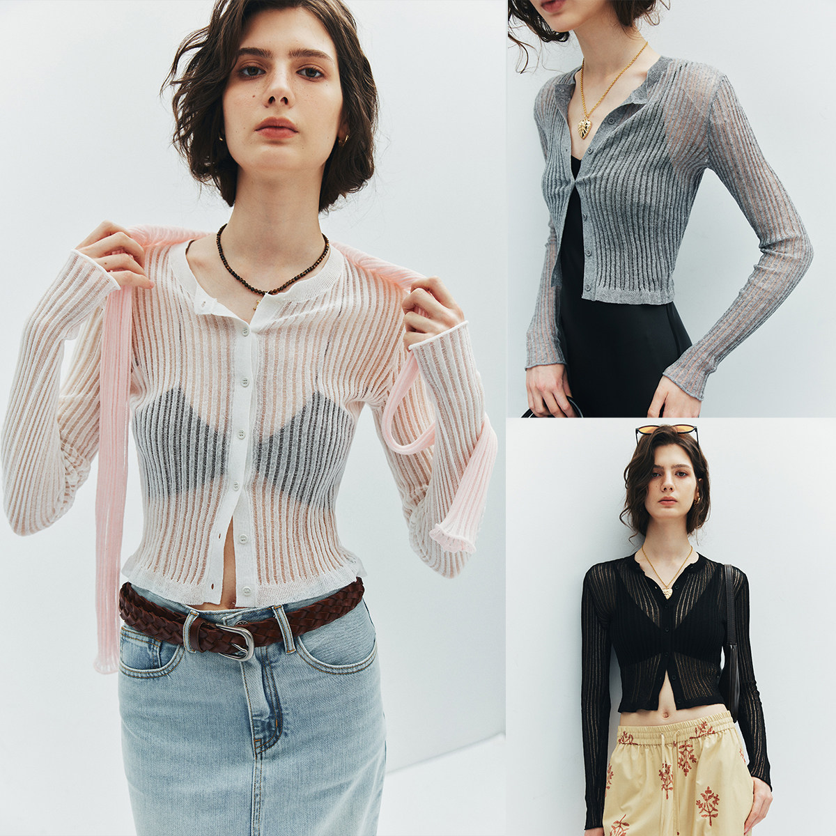 【爆款翻单】轻薄通透 圆领长袖木耳边坑条针织短款透视防晒开衫