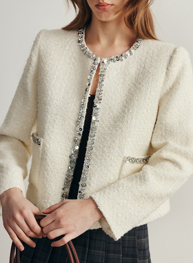 现货【宛若霜雪】重工手缝钉珠法式小香风圆领短款箱型粗花呢外套