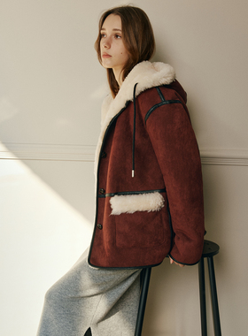 现货 澳洲1OO%绵羊毛 环保皮毛一体两面穿连帽皮草羊羔毛外套大衣