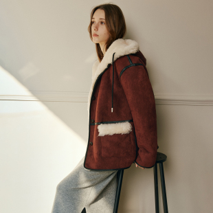 现货 环保皮毛一体两面穿连帽皮草羊羔毛外套大衣 澳洲1OO%绵羊毛