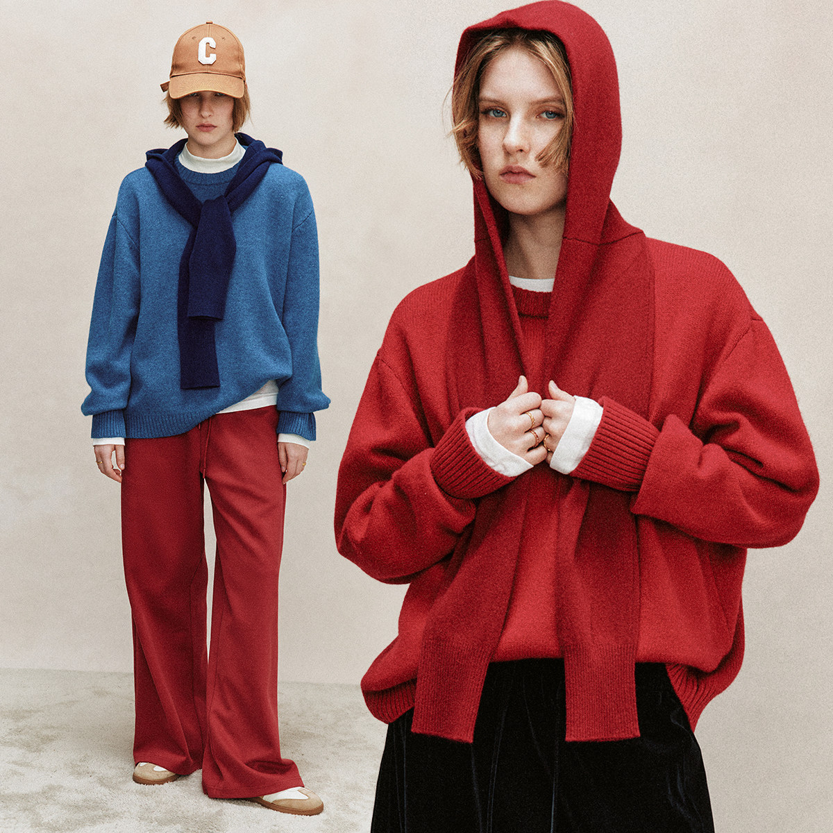 撞色拼接连帽宽松落肩针织衫毛衣