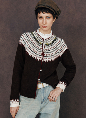 【冬日浪漫旋律】羊毛混纺纱线 费尔岛几何提花圆领长袖针织衫