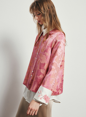 现货【幂姐同款】 新中式国风真丝冠乐绉提花钉珠桑蚕丝外套