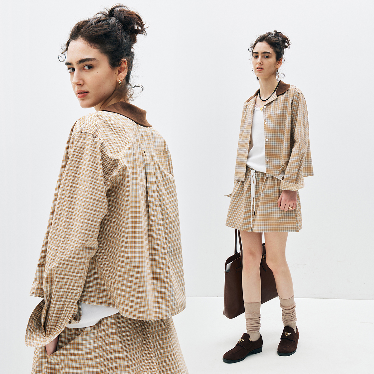 现货【懒人币备】时髦不费力 针织拼接V领短款格纹衬衫+半裙套装