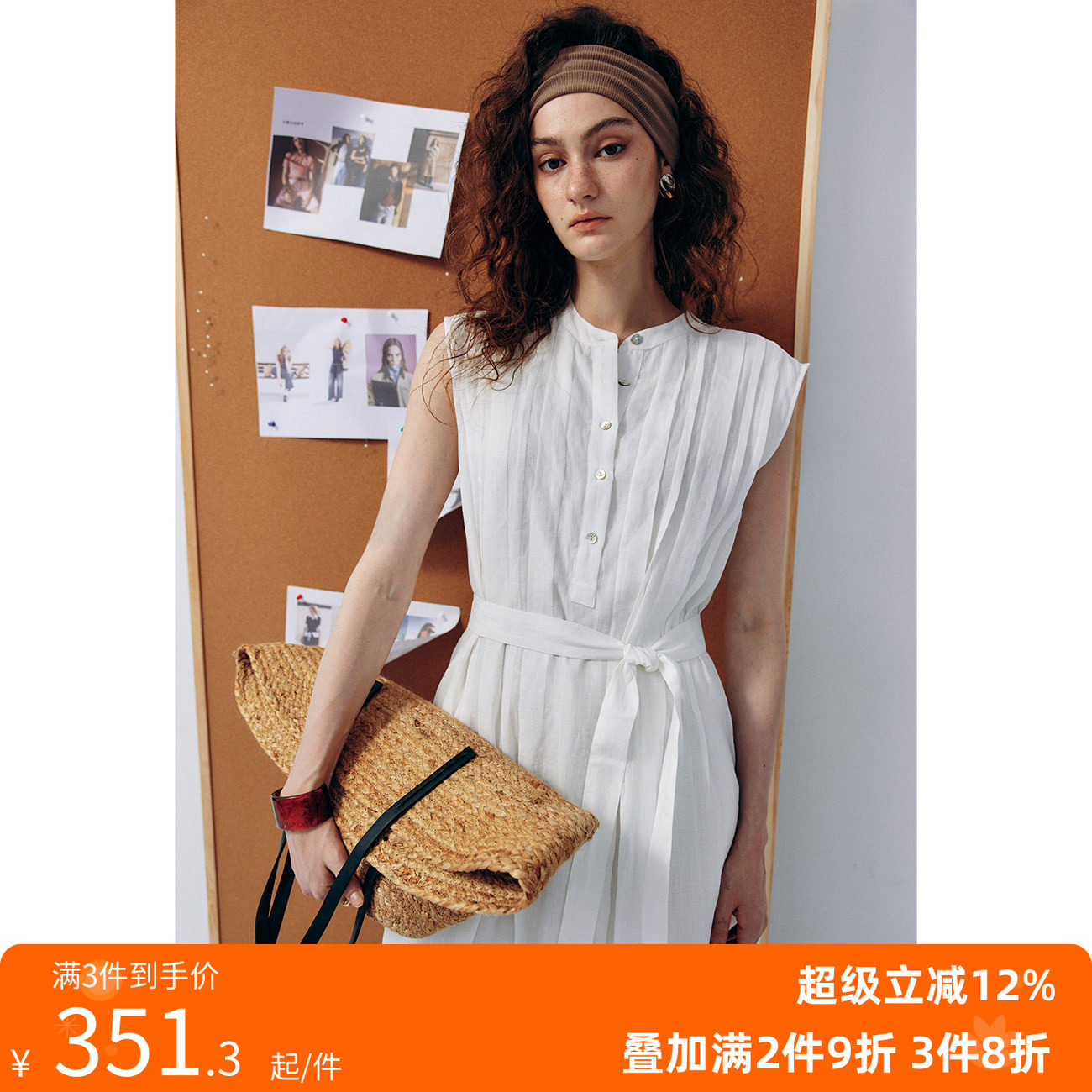 现货【行走的空调】1OO%苎麻 重工压褶亨利领无袖系带收腰连衣裙