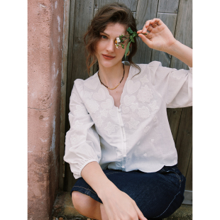 法式 重工定位贴布绣 波浪边领泡泡灯笼袖 短款 女 衬衫 浪漫空灵