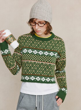 【神仙配色】1OO%羊毛 缪系学院风圆领费尔岛提花短款套头毛衣女