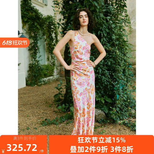 【南洋花园】高定剪裁 度假风斜肩露肩不对称收腰印花连衣裙长裙