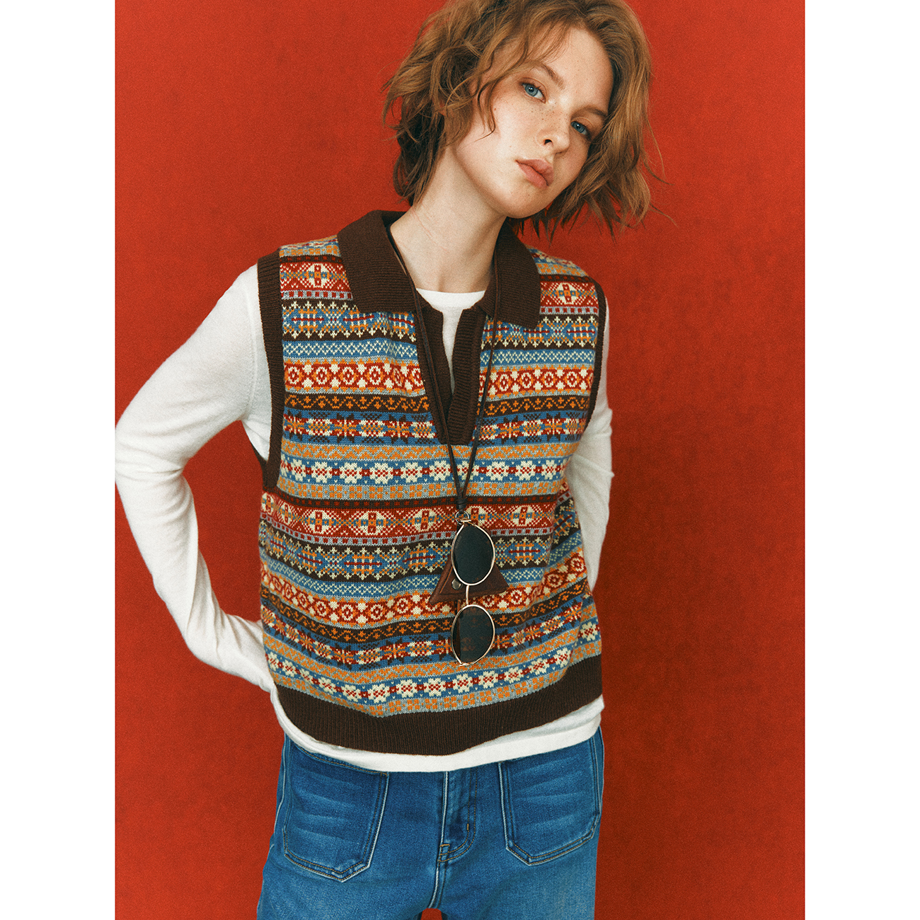 复古剪刀V领几何图案针织背心