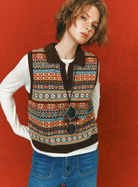 【小众孤品】费尔岛提花 法式复古剪刀V领几何图案针织背心上衣