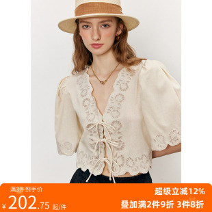 法式 透气舒爽 重工刺绣V领泡泡袖 短款 现货 棉质衬衫 精巧别致