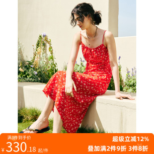 1OO%真丝双绉度假风细肩带重工打揽收腰印花连衣裙 性感 现货 美式