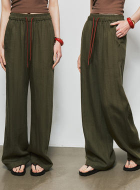 【立裁版型】1OO%亚麻 复古休闲松紧腰抽绳系带直筒阔腿裤女