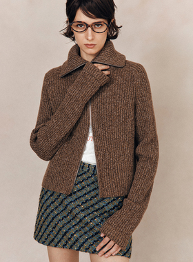 【质感花纱】1OO%绵羊毛 简约通勤百搭拉链高领针织开衫外套女