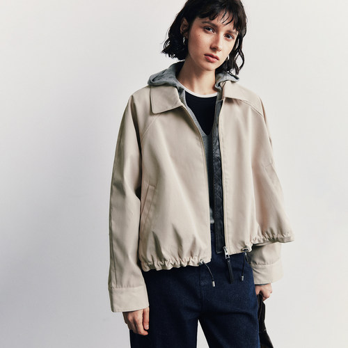 翻领插肩袖抽绳花苞夹克外套女