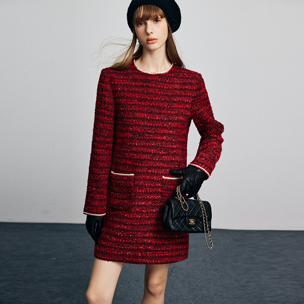 谁穿谁美~优雅高级法式小香风羊毛粗花呢显瘦直筒h型连衣裙