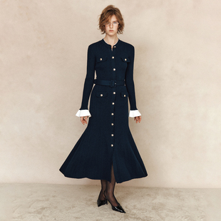 年会尾牙 3D曲线 撞色圆领收腰系带短款包臀裙+长款连衣裙