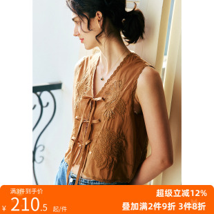 法式 重工定位镂空刺绣 小众V领绑带马甲背心上衣 细节爆美 现货