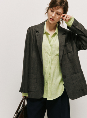 【质感表达】1OO%亚麻 静奢老钱风翻驳领直筒宽松休闲西装外套女