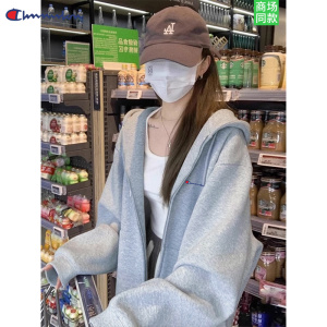 纯棉连帽卫衣秋冬小众帽衫外套百搭连帽卫衣女加绒宽松设计感保暖