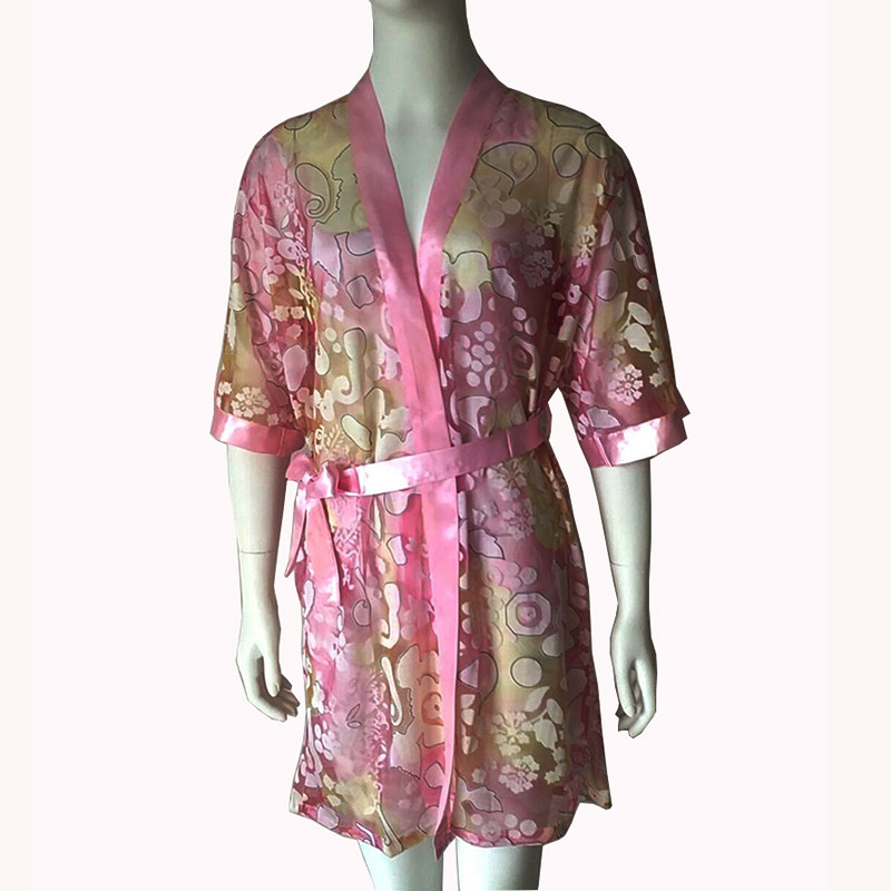 春夏季薄款开衫单件短款家居服浴袍女士剪花性感透明网纱和服睡袍
