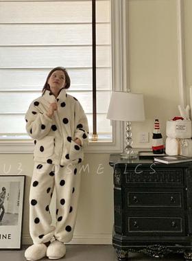 珊瑚绒睡衣女2025秋冬季新款韩式波点加绒加厚保暖家居两件套外穿