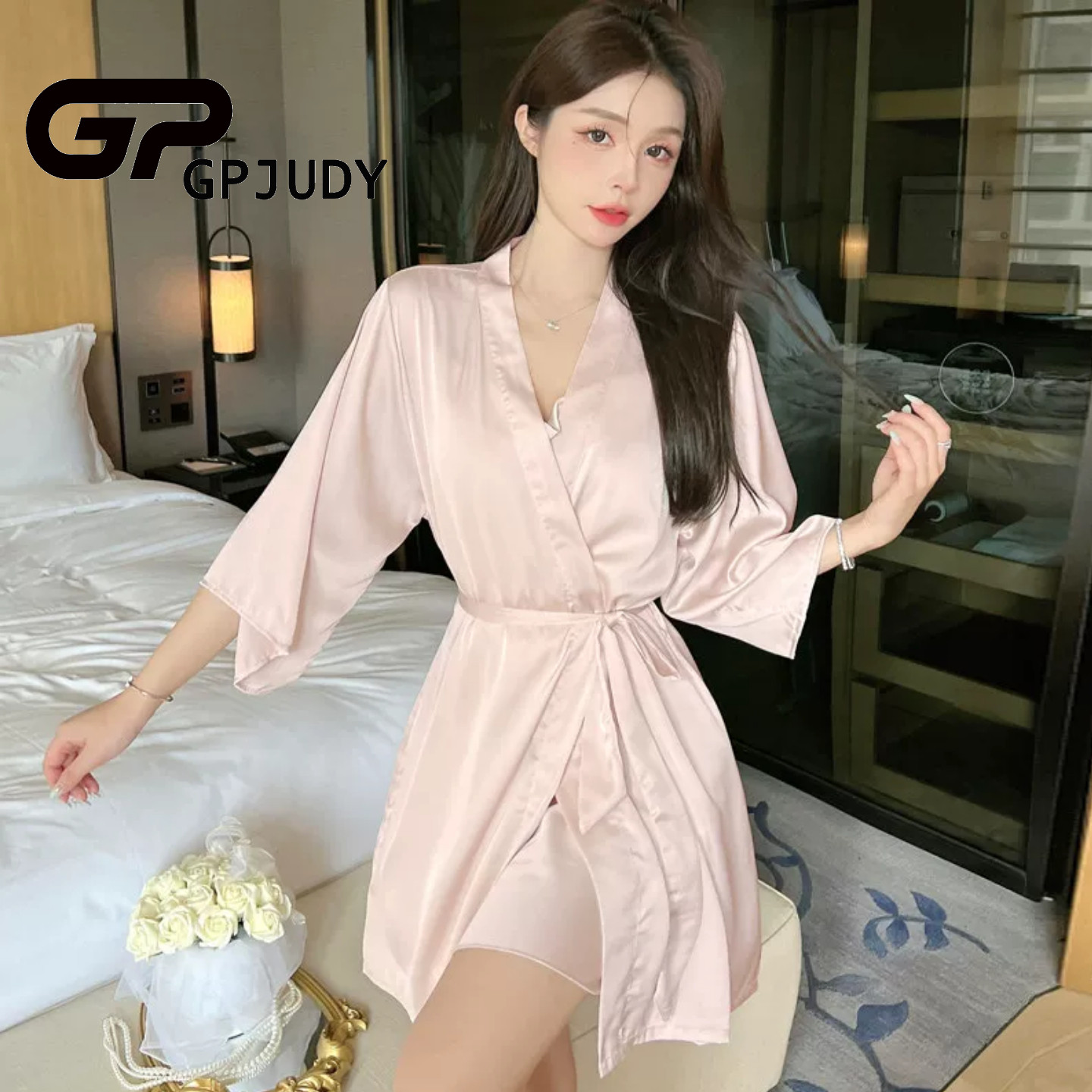 日系GP粉色冰丝睡袍女士夏季性感短袖薄款高级感晨袍丝绸睡衣浴袍