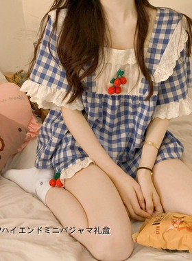 日本小众GP公主风纯棉格子方领睡衣女夏季ins短袖短裤家居服套装