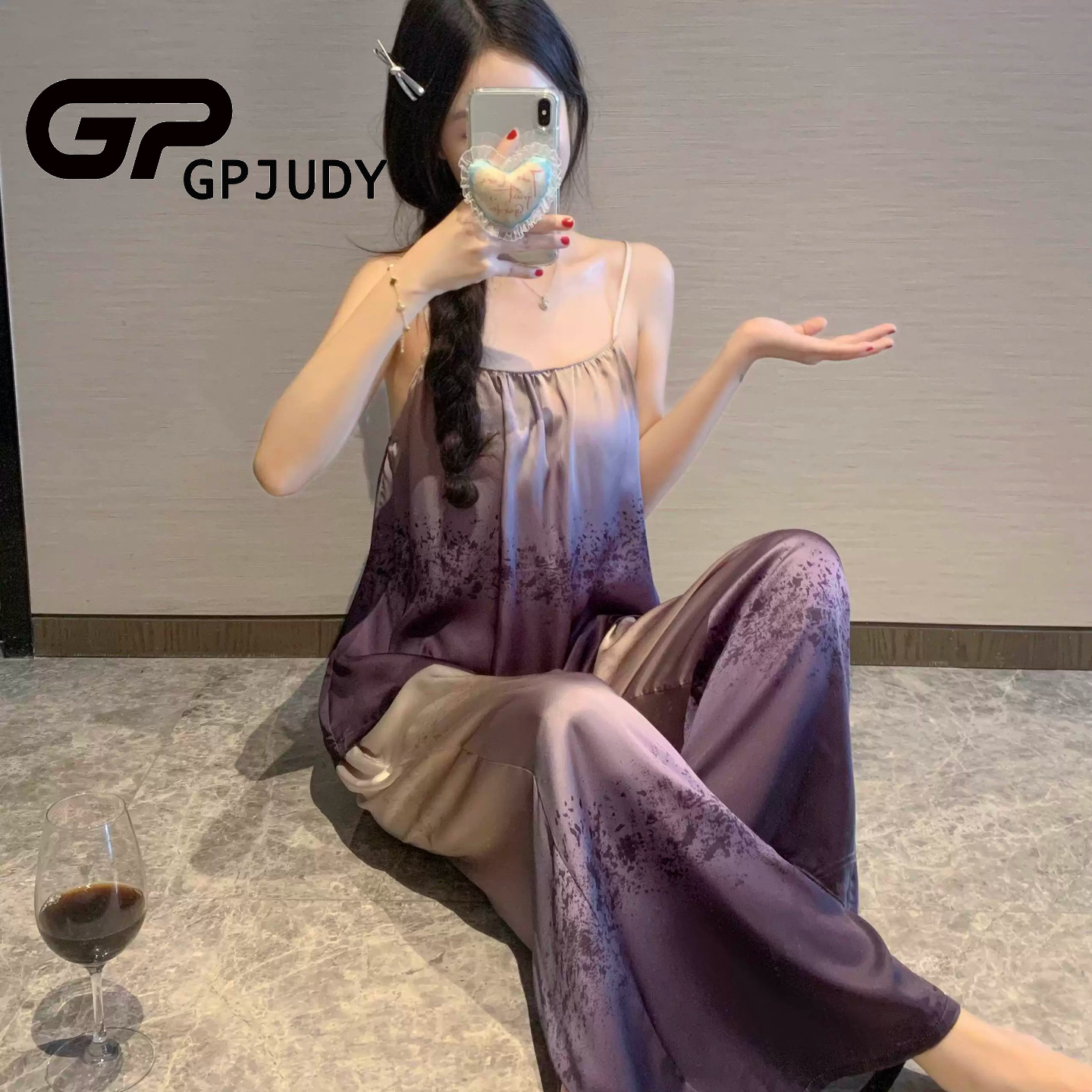 日系GP睡衣女夏季吊带性感纯欲风渐变带胸垫宽松长裤家居服套装